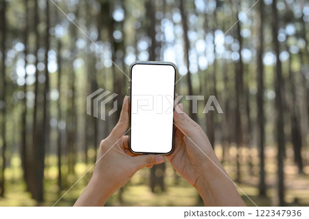 Hands holding smartphone with white screen against a blurred forest background 122347936