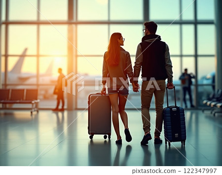 romantic travel. couple in love in airport with suitcases romantic travel. couple in love in airport with suitcases 122347997