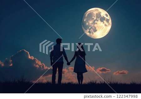 silhouette of loving couple at night in front of moon silhouette of loving couple at night in front of moon 122347998