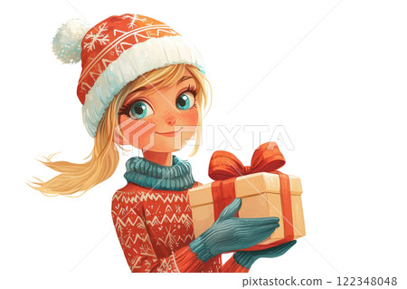 Snow Maiden, offering a beautifully wrapped gift with a bow, on a white background 122348048