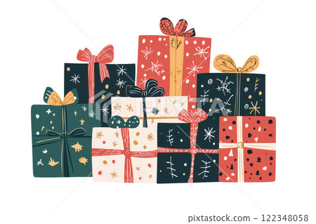 Neatly stacked Christmas presents wrapped in festive paper with ribbons and bows. Neatly stacked Christmas presents wrapped in festive paper with ribbons and bows. 122348058
