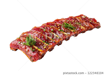 Pork ribs rack, marinated and placed on a white background 122348104