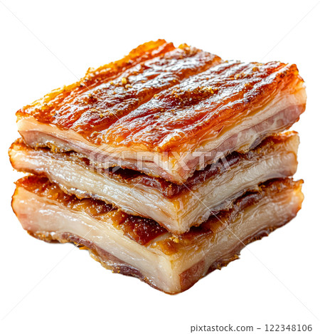 sliced pork belly with layers of fat and lean meat, on a white backdrop 122348106