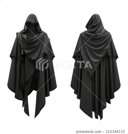 Fashionable autumn poncho, black, showing front and back, on a white background 122348115