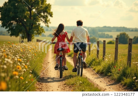 back view of young couple cycling in countryside back view of young couple cycling in countryside 122348177