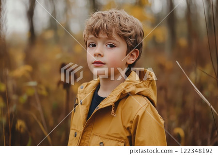 closeup of cute face of little oy on autumn sunny day 122348192