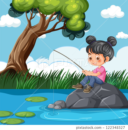 Child Fishing by a Forest Pond Child Fishing by a Forest Pond 122348327