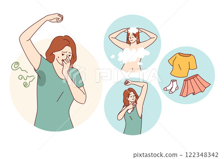 Woman fights smell of sweat by using deodorant and putting on clean clothes after taking shower Woman fights smell of sweat by using deodorant and putting on clean clothes after taking shower 122348342