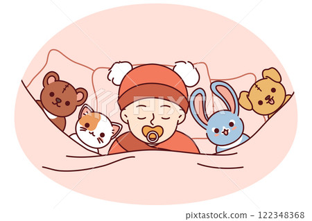 Newborn baby sleeps soundly in bed among toys or sucks on pacifier for concept of child care 122348368
