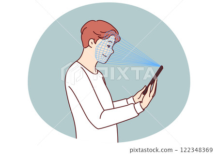 Man uses facial recognition feature on phone to pass verification and gain access to app 122348369