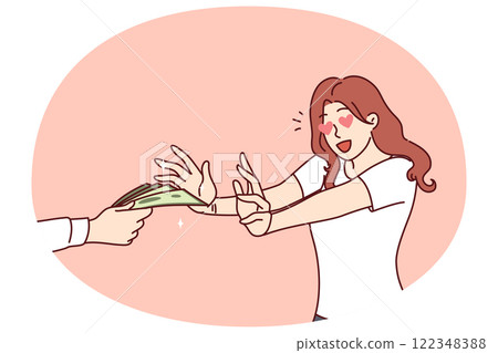 Excited woman reaches for money in man hand for concept of financial reward or payment for services Excited woman reaches for money in man hand for concept of financial reward or payment for services 122348388
