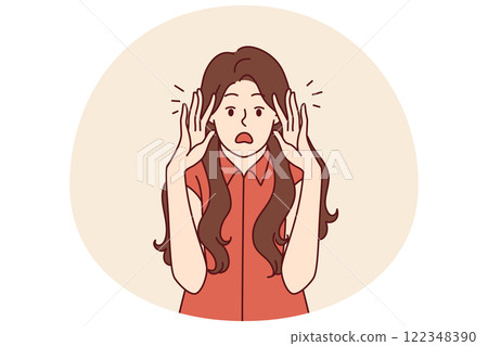 Shocked woman screams and looks at screen bringing palms to face after hearing frightening news Shocked woman screams and looks at screen bringing palms to face after hearing frightening news 122348390