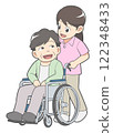 Female caregiver wheelchair assistance 122348433