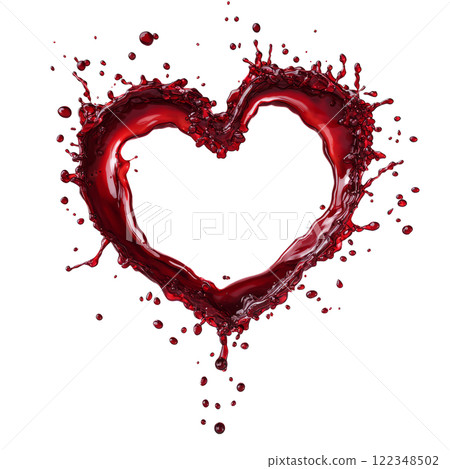 blood drops forming a heart shape as they splash, isolated on a pristine white background 122348502
