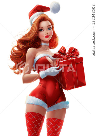 Snow Maiden standing with festive  large present,  isolated on a white background . Happy New Year 122348508