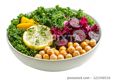 plant-based salad with kale, roasted chickpeas, beets, and a lemon vinaigrette on a minimalist white background 122348510