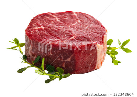Raw beef steak marbled with fat, isolated on a white background 122348604