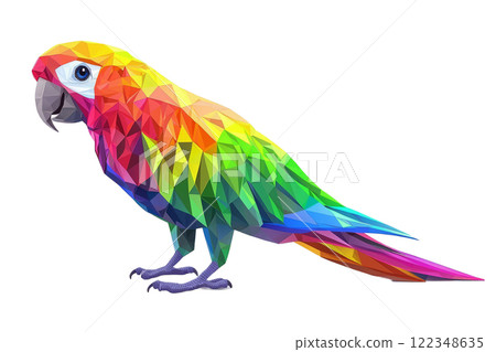 Low-poly parrot with glowing rainbow patterns on its wings and tail, on a white background 122348635