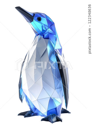 Penguin with glowing blue and white ice-themed designs, low poly on a white background. 122348636