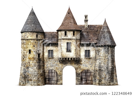 Medieval European fortress gatehouse with stone walls, isolated on white Medieval European fortress gatehouse with stone walls, isolated on white 122348649