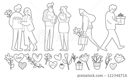 Set of isolated elements for Valentine day, couple and love in cute doodle style on transparent background. Volume 1 : Black outline and white plain. Set of isolated elements for Valentine day, couple and love in cute doodle style on transparent background. Volume 1 : Black outline and white plain. 122348718