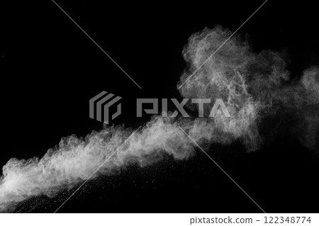 Striking White Powder Blast Against Black. 122348774