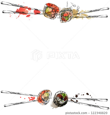 Japanese food sushi rolls on chopsticks with raw fish salmon unagi tuna shrimp, california philadelphia alaska, hand drawn in watercolor and ink. Lined frame for restaurant, cafe menu, recipe book Japanese food sushi rolls on chopsticks with raw fish salmon unagi tuna shrimp, california philadelphia alaska, hand drawn in watercolor and ink. Lined frame for restaurant, cafe menu, recipe book 122348820