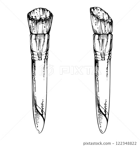 Make-up paint artistic supply bristle sponge brush applicator detailed line vector sketch hand drawn in ink, isolated object. Beauty parlor salon illustration, packaging, cosmetics shop, art studio 122348822