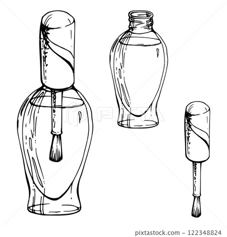 Manicure pedicure nail cuticle polish varnish lacquer, fingernail care treatment, isolated object line vector sketch hand drawn in ink. Beauty parlor salon illustration, packaging, cosmetics shop 122348824