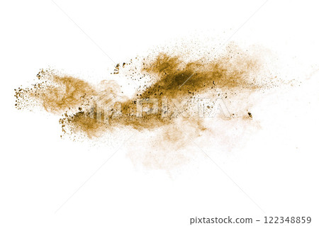 Deep brown powder dust explosion on white background. 122348859