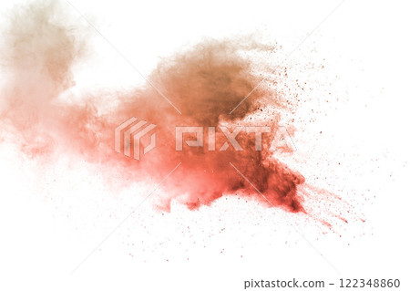 Brown powder dust cloud.Brown particles splattered on white background. 122348860