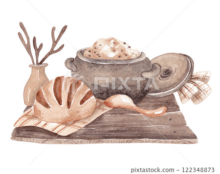 Village breakfast on a wooden table: porridge in a cast iron pot. Isolated watercolor illustration in brown and beige tones for your design Village breakfast on a wooden table: porridge in a cast iron pot. Isolated watercolor illustration in brown and beige tones for your design 122348873
