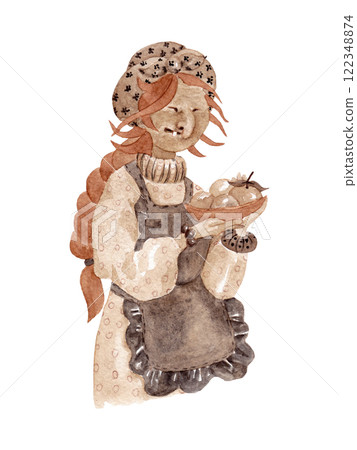 Baba Yaga with one tooth. Fairytale kind granny in a beautiful apron and with a bowl of apples in her hands. Isolated watercolor illustration for your design Baba Yaga with one tooth. Fairytale kind granny in a beautiful apron and with a bowl of apples in her hands. Isolated watercolor illustration for your design 122348874
