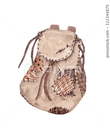 Beige old backpack. Hiking bag in patches. Sports equipment. Isolated watercolor illustration for your design Beige old backpack. Hiking bag in patches. Sports equipment. Isolated watercolor illustration for your design 122348875