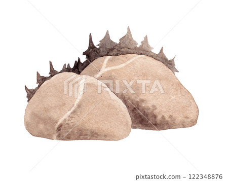 Forest border silhouette. Hills with paths. Landscape sketches. Isolated watercolor landscape illustration in brown and beige tones Forest border silhouette. Hills with paths. Landscape sketches. Isolated watercolor landscape illustration in brown and beige tones 122348876