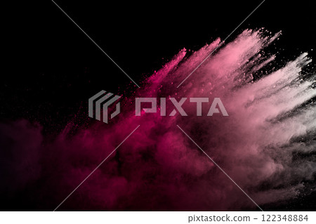 Purple powder explosion. Abstract closeup dust on backdrop. 122348884