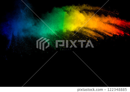 Rainbow color dust splash on black background. 122348885