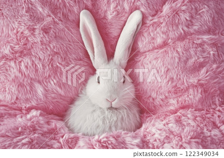 A white rabbit is sitting on a pink blanket 122349034