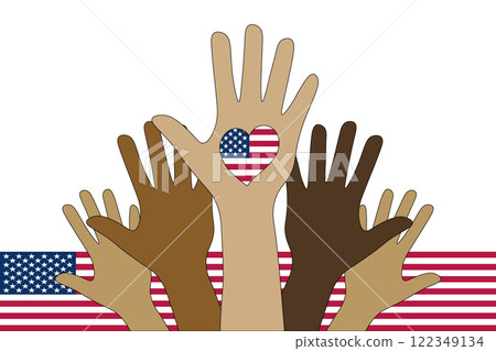 Banner with raised hands and a US flag showing the voting in America. All nationalities vote in the USA. Best for US elections, presidential day, independence day or other American national holidays Banner with raised hands and a US flag showing the voting in America. All nationalities vote in the USA. Best for US elections, presidential day, independence day or other American national holidays 122349134