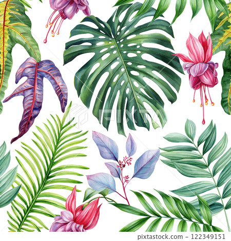 Vibrant seamless tropical pattern flowers and leaves, hand painted exotic watercolor botanical design fabric, wallpaper 122349151