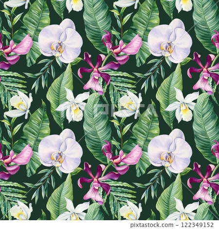 seamless floral pattern orchid flower tropical greenery watercolor exotic botanical design textiles wrapping paper print 122349152