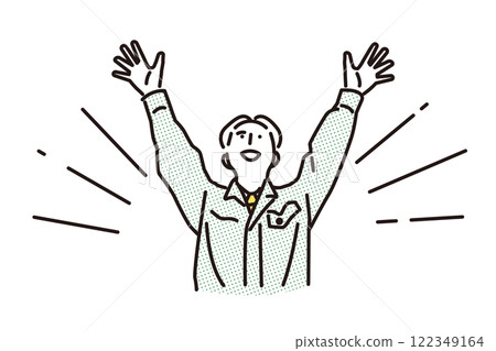 Simple illustration: A man in work clothes raising his hands in joy Simple illustration: A man in work clothes raising his hands in joy 122349164