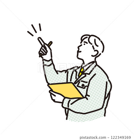 Simple illustration: A man in work clothes pointing and checking Simple illustration: A man in work clothes pointing and checking 122349169