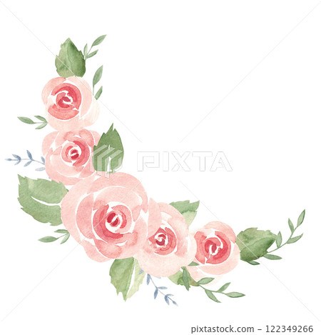 Pink Roses floral Composition from Flowers, leaves and Branches. Simple painting isolated on a white background. Love and Romantic illustration for cards, invitations and prints for Wedding, Birthday 122349266