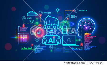 Kids online learning to coding, programming, prompt of neural network. Artificial intelligence or AI learning in internet for children. Child learns to work with neural networks on computer. Kids online learning to coding, programming, prompt of neural network. Artificial intelligence or AI learning in internet for children. Child learns to work with neural networks on computer. 122349350