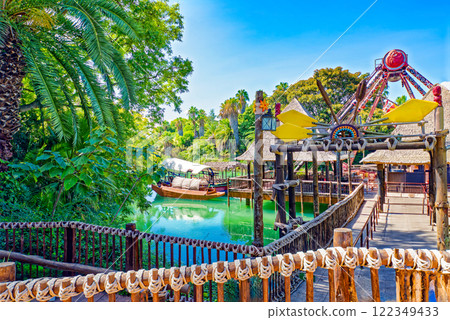 Beautiful landscape of humid tropical jungle amusement park. 122349433