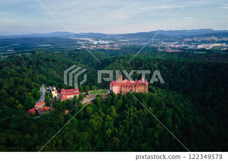 Aerial view of historic medieval castle surrounded by forest. Ksiaz castle in Walbrzych, Poland 122349578