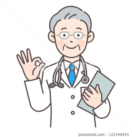 Senior male doctor giving OK sign_medical record available 122349833