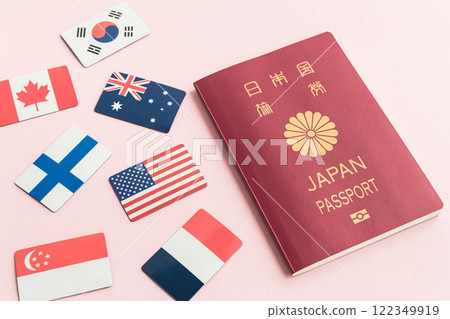 Passport and flag overseas travel pink background 122349919