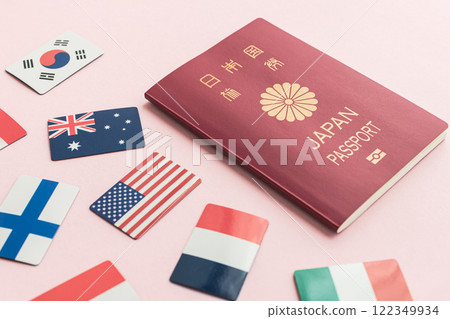 護照和國旗粉紅色背景 122349934